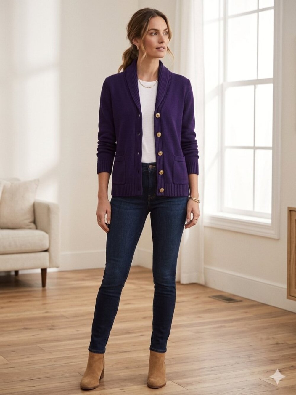 Lauren Ralph Lauren Purple‎ Shawl Collar Cotton Cardigan Gold Buttons Medium EUC
